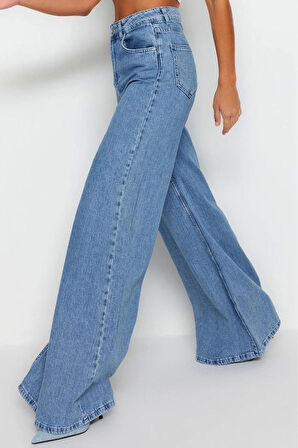 Stil Kadın Moda Denim Kot Pantolon Uzun Geniş Paça Mavi Yüksek Bel Ekstra Palazzo Jeans