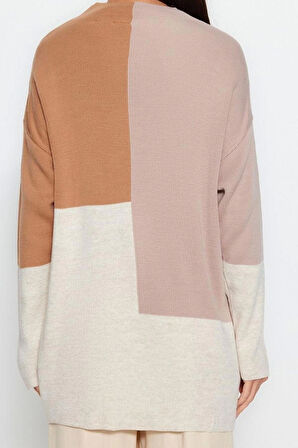 Kadın Modern Tarz Rahat Uzun Dik Yaka Renk Bloklu Kol Regular Triko Kazak