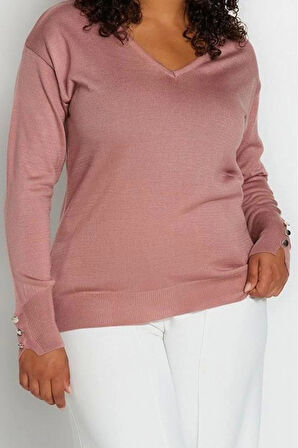 Büyük Beden Kadın Modern Tarz Rahat Uzun V Yaka Düz Kol Regular Triko Kazak