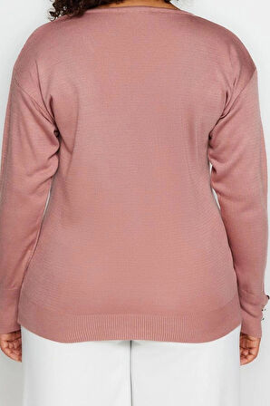 Büyük Beden Kadın Modern Tarz Rahat Uzun V Yaka Düz Kol Regular Triko Kazak