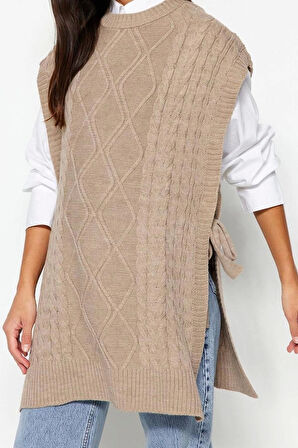 Stil Modern Kadın Midi Düşük Kol Bisiklet Yaka Tesettür Beli Bağlamalı Saç Örgülü Triko Süveter