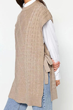 Stil Modern Kadın Midi Düşük Kol Bisiklet Yaka Tesettür Beli Bağlamalı Saç Örgülü Triko Süveter