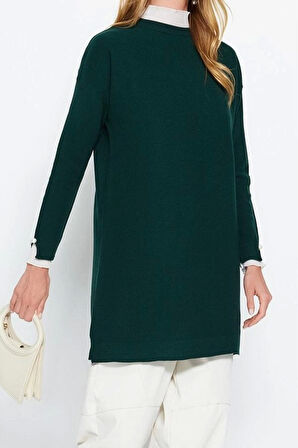 Kadın Modern Tarz Rahat Uzun Bisiklet Yaka Düz Kol Midi Triko Kazak