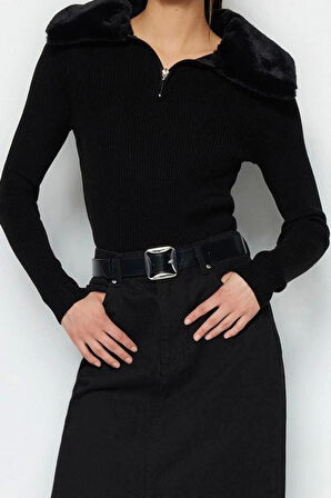 Kadın Modern Tarz Rahat Uzun Polo Yaka Düz Kol Regular Triko Kazak