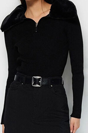 Kadın Modern Tarz Rahat Uzun Polo Yaka Düz Kol Regular Triko Kazak