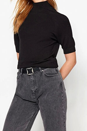 Moda Dik Yaka Triko Slim Düz Desen Casual Günlük Regular Kısa Kol Bluz