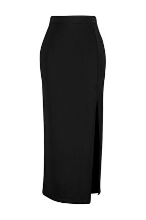 Moda Slim Düz Desen Gündüz Gece Maxi Boy Smart Krep Yırtmaç Detaylı Maxi Yüksek Bel Esnek Örme Etek