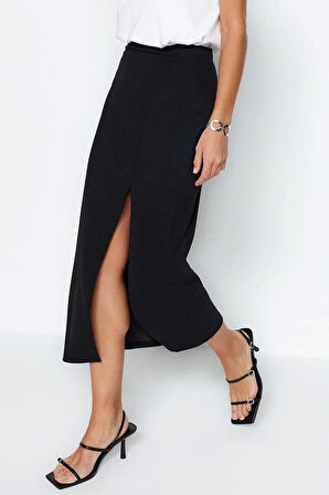 Moda Slim Düz Desen Gündüz Gece Maxi Boy Smart Krep Yırtmaç Detaylı Maxi Yüksek Bel Esnek Örme Etek