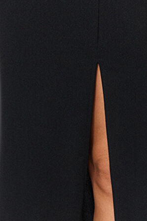 Moda Slim Düz Desen Gündüz Gece Maxi Boy Smart Krep Yırtmaç Detaylı Maxi Yüksek Bel Esnek Örme Etek