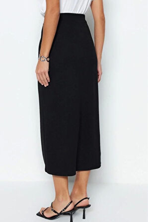 Moda Slim Düz Desen Gündüz Gece Maxi Boy Smart Krep Yırtmaç Detaylı Maxi Yüksek Bel Esnek Örme Etek