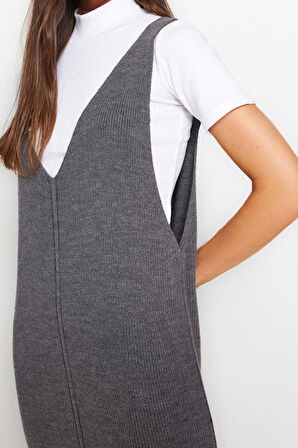 Moda Regular Casual Günlük Dolu İğne Triko V Yaka Uzun Kol Shift Maxi Boy Elbise