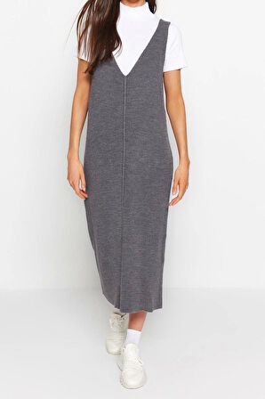 Moda Regular Casual Günlük Dolu İğne Triko V Yaka Uzun Kol Shift Maxi Boy Elbise