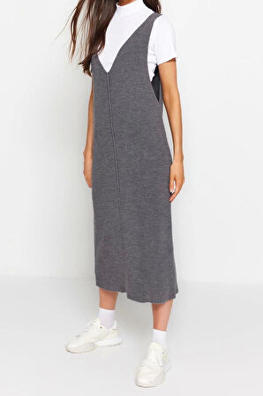 Moda Regular Casual Günlük Dolu İğne Triko V Yaka Uzun Kol Shift Maxi Boy Elbise