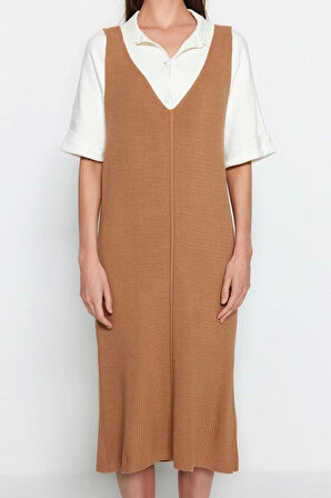 Moda Regular Casual Günlük Dolu İğne Triko V Yaka Uzun Kol Shift Maxi Boy Elbise