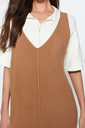 Moda Regular Casual Günlük Dolu İğne Triko V Yaka Uzun Kol Shift Maxi Boy Elbise