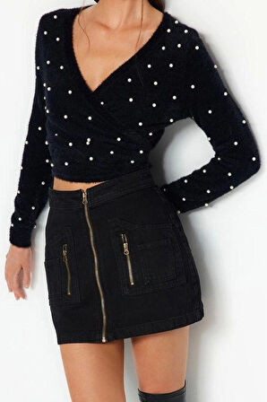 Kadın Modern Tarz Rahat Uzun Kruvaze Nakışlı İşlemeli Kol Crop Triko Kazak