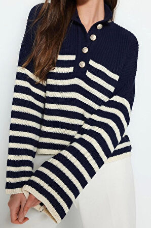 Stil Modern Kadın Regular Standart Kol Bisiklet Yaka Geniş Kalıp Dik Yaka Çizgili Triko Kazak