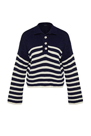 Stil Modern Kadın Regular Standart Kol Bisiklet Yaka Geniş Kalıp Dik Yaka Çizgili Triko Kazak