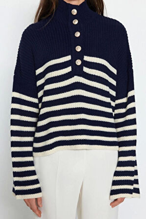 Stil Modern Kadın Regular Standart Kol Bisiklet Yaka Geniş Kalıp Dik Yaka Çizgili Triko Kazak