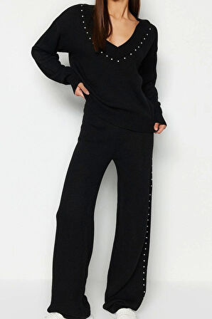 Tarz Kadın Modern Moda Normal Bel Boru Paça V Yaka Geniş Kalıp Taş Detaylı Triko Alt-Üst Takım