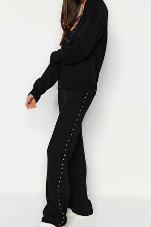 Tarz Kadın Modern Moda Normal Bel Boru Paça V Yaka Geniş Kalıp Taş Detaylı Triko Alt-Üst Takım