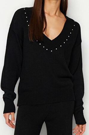 Tarz Kadın Modern Moda Normal Bel Boru Paça V Yaka Geniş Kalıp Taş Detaylı Triko Alt-Üst Takım