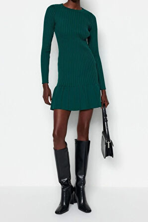 Moda Slim Gündüz Gece Dolu İğne Triko Bisiklet Yaka Uzun Kol A-Line Mini Boy Elbise