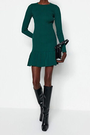 Moda Slim Gündüz Gece Dolu İğne Triko Bisiklet Yaka Uzun Kol A-Line Mini Boy Elbise