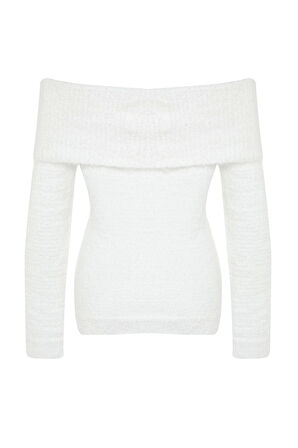 Stil Modern Kadın Regular Standart Kol Carmen Yaka Tüylü Sakal İplikli Triko Kazak