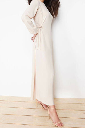 Moda Regular Casual Günlük Aerobin Dokuma Bisiklet Yaka Uzun Kol Shift Maxi Boy Tesettür Elbise