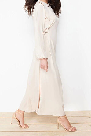 Moda Regular Casual Günlük Aerobin Dokuma Bisiklet Yaka Uzun Kol Shift Maxi Boy Tesettür Elbise