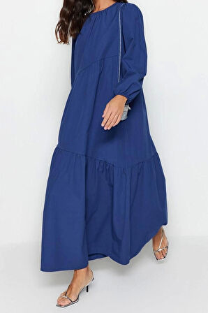 Moda Regular Casual Günlük Terrycotton Dokuma Bisiklet Yaka Uzun Kol A-Line Maxi Boy Tesettür Elbise