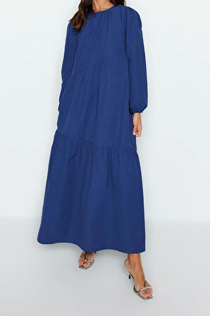 Moda Regular Casual Günlük Terrycotton Dokuma Bisiklet Yaka Uzun Kol A-Line Maxi Boy Tesettür Elbise