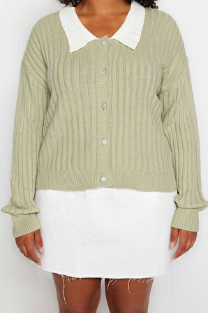 Büyük Beden Kadın Modern Tarz Rahat Uzun Gömlek Yaka Düz Kol Regular Triko Hırka