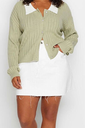 Büyük Beden Kadın Modern Tarz Rahat Uzun Gömlek Yaka Düz Kol Regular Triko Hırka