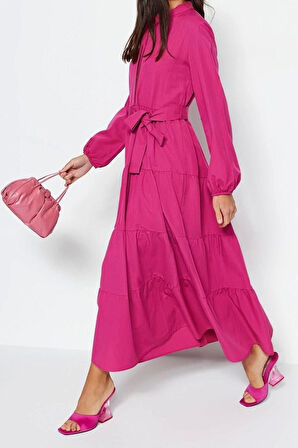 Moda Rahat Casual Günlük Terrycotton Dokuma Dik Yaka Uzun Kol Basic Maxi Boy Tesettür Elbise