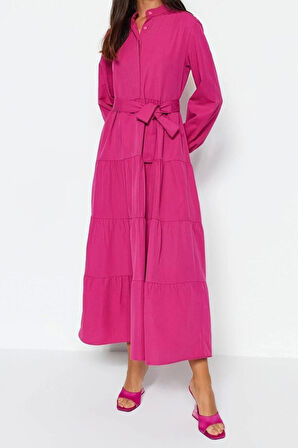 Moda Rahat Casual Günlük Terrycotton Dokuma Dik Yaka Uzun Kol Basic Maxi Boy Tesettür Elbise