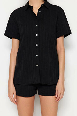 Moda Örme Düz Gömlek Yaka Plaj Ekru Dokuma Keten Karışımlı Gömlek Şort Takım