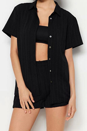 Moda Örme Düz Gömlek Yaka Plaj Ekru Dokuma Keten Karışımlı Gömlek Şort Takım