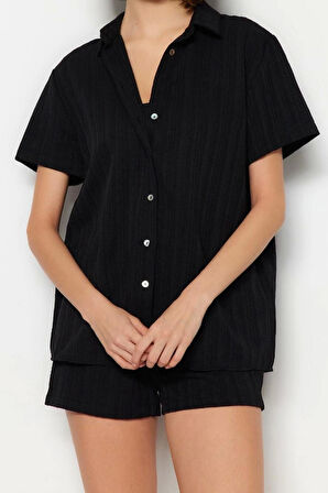 Moda Örme Düz Gömlek Yaka Plaj Ekru Dokuma Keten Karışımlı Gömlek Şort Takım