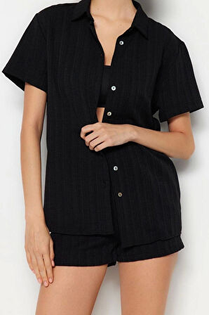 Moda Örme Düz Gömlek Yaka Plaj Ekru Dokuma Keten Karışımlı Gömlek Şort Takım