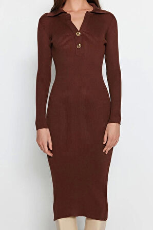 Moda Stil Slim Polo Yaka Midi Boy Triko Elbise