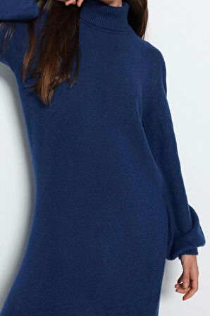 Moda Regular Casual Günlük Tek Plaka Triko Balıkçı Yaka Uzun Kol Shift Midi Boy Elbise