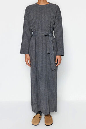 Moda Rahat Günlük Ribana Kaşkorse Triko Bisiklet Yaka Uzun Kol A-Line Maxi Boy Tesettür Elbise