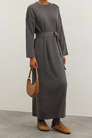 Moda Rahat Günlük Ribana Kaşkorse Triko Bisiklet Yaka Uzun Kol A-Line Maxi Boy Tesettür Elbise