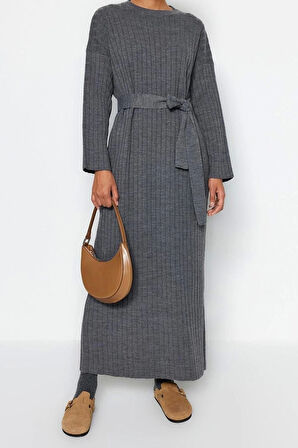 Moda Rahat Günlük Ribana Kaşkorse Triko Bisiklet Yaka Uzun Kol A-Line Maxi Boy Tesettür Elbise