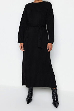 Moda Rahat Günlük Ribana Kaşkorse Triko Bisiklet Yaka Uzun Kol A-Line Maxi Boy Tesettür Elbise