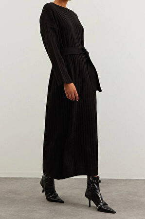 Moda Rahat Günlük Ribana Kaşkorse Triko Bisiklet Yaka Uzun Kol A-Line Maxi Boy Tesettür Elbise