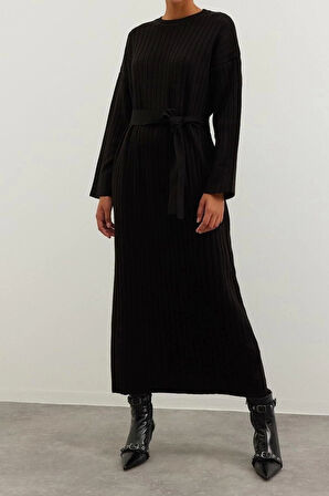 Moda Rahat Günlük Ribana Kaşkorse Triko Bisiklet Yaka Uzun Kol A-Line Maxi Boy Tesettür Elbise