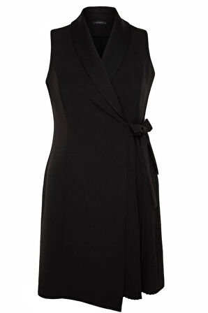 Moda Slim Casual Günlük Finike Dokuma Ceket Yaka Kolsuz Kol Anvelop Mini Boy Büyük Beden Elbise